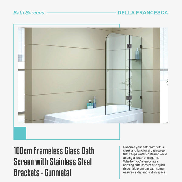 100Cm Frameless Glass Bath Screen With Stainless Steel Brackets Gunmetal Shower Enclosures