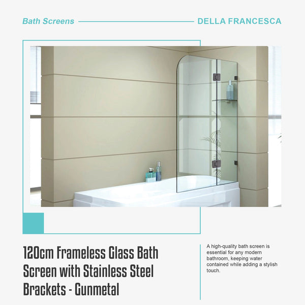 120Cm Frameless Glass Bath Screen With Stainless Steel Brackets Gunmetal Shower Enclosures