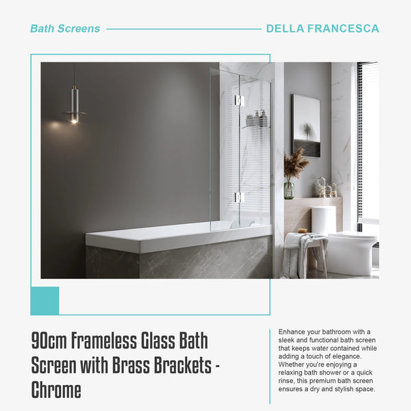 90Cm Frameless Glass Bath Screen With Brass Brackets Chrome Shower Enclosures
