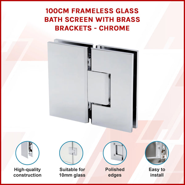 100Cm Frameless Glass Bath Screen With Brass Brackets Chrome Shower Enclosures