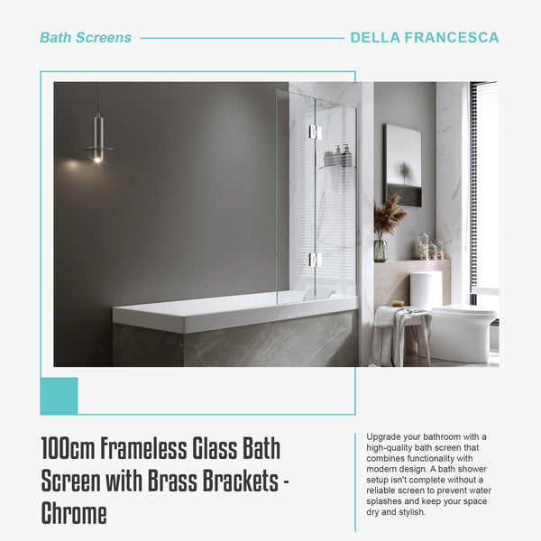 100Cm Frameless Glass Bath Screen With Brass Brackets Chrome Shower Enclosures
