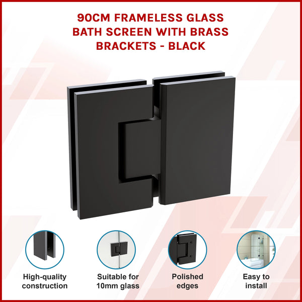 90Cm Frameless Glass Bath Screen With Brass Brackets Black Shower Enclosures