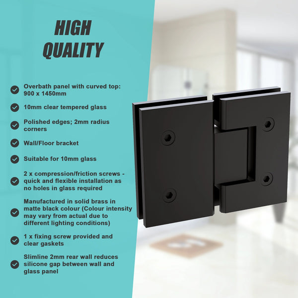 90Cm Frameless Glass Bath Screen With Brass Brackets Black Shower Enclosures