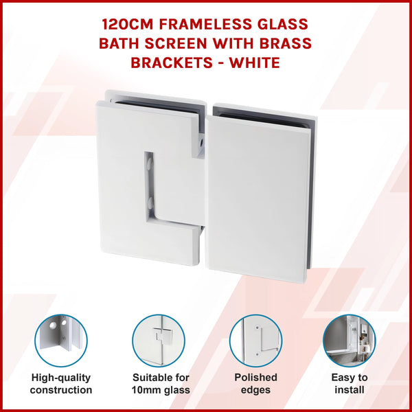 120Cm Frameless Glass Bath Screen With Brass Brackets White Shower Enclosures