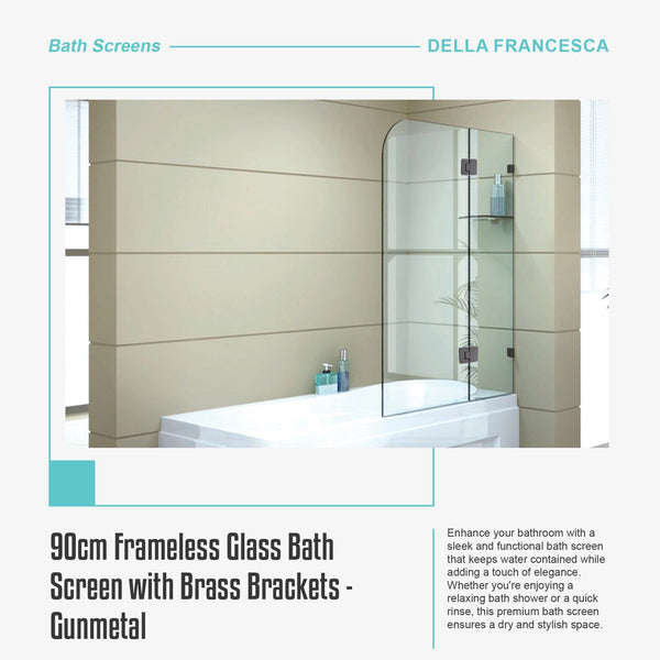 90Cm Frameless Glass Bath Screen With Brass Brackets Gunmetal Shower Enclosures