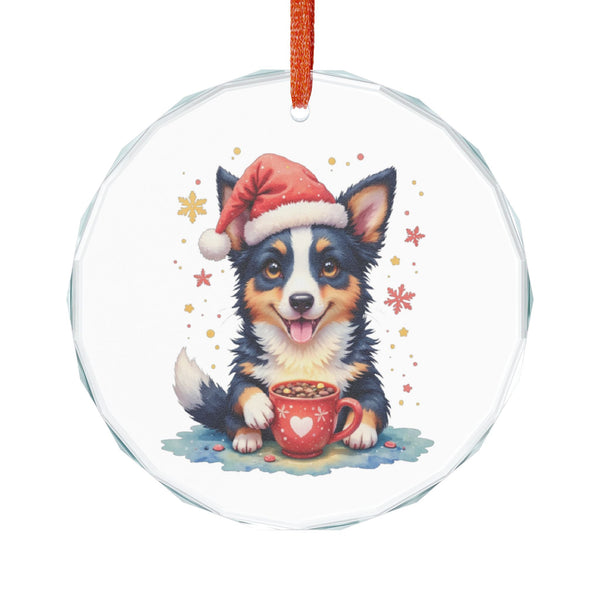Border Collie Puppy In Santa Hat Crystal Glass Ornament | Christmas Hot Cocoa Dog Lovers Gift Seasonal Decorations