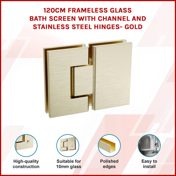 120Cm Frameless Glass Bath Screen With Channel And Stainless Steel Hinges Gold Shower Enclosures
