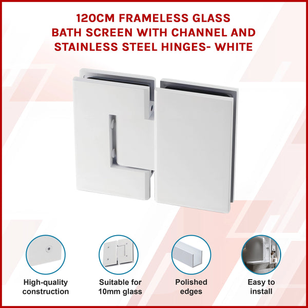 120Cm Frameless Glass Bath Screen With Channel And Stainless Steel Hinges White Shower Enclosures