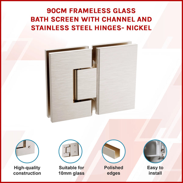 90Cm Frameless Glass Bath Screen With Channel And Stainless Steel Hinges Nickel Shower Enclosures
