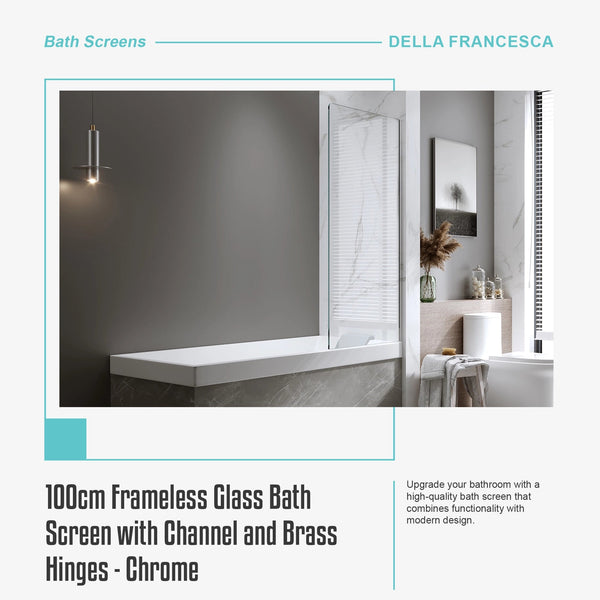 100Cm Frameless Glass Bath Screen With Channel And Brass Hinges Chrome Shower Enclosures