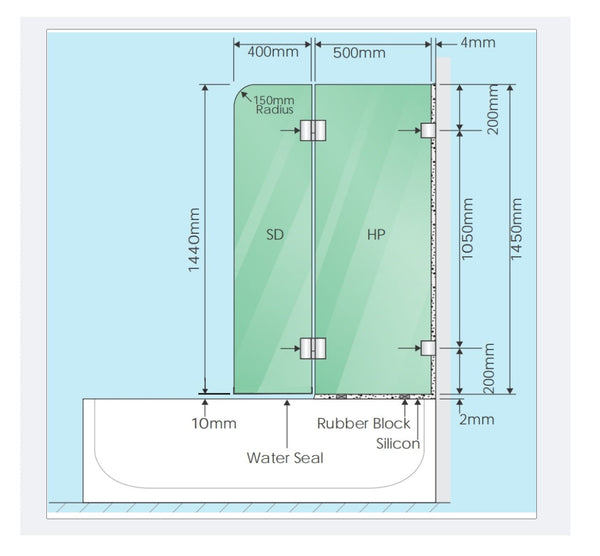 90Cm Frameless Glass Bath Screen With Channel And Brass Hinges Black Shower Enclosures