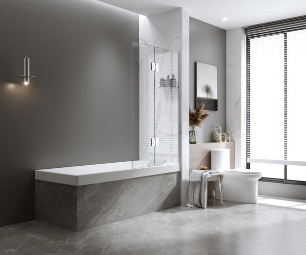 90Cm Frameless Glass Bath Screen With Channel And Brass Hinges White Shower Enclosures