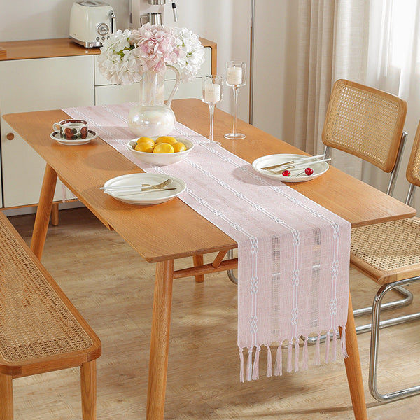 Hand Woven Cotton And Linen Table Flag With Hollow Tassels Perfect For Home Rustic Dining Tables Table Runners