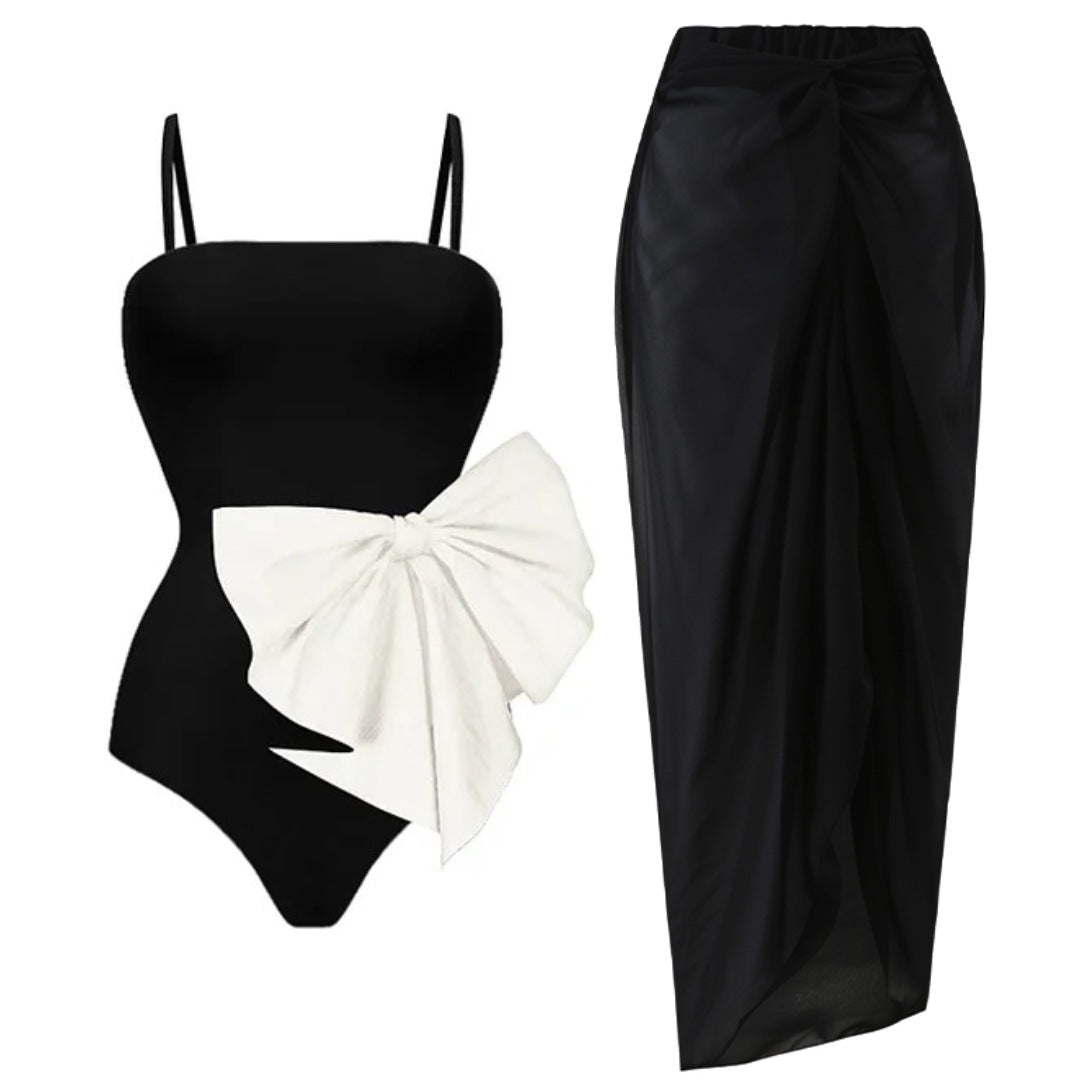 One Piece Bow Decoration Sweet Girl Black And White Contrasting Swimsuit Female Swimwear