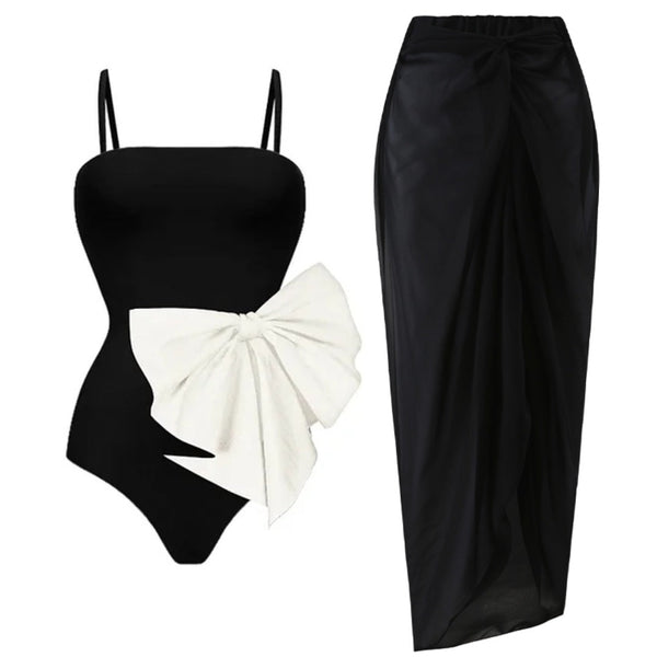 One Piece Bow Decoration Sweet Girl Black And White Contrasting Swimsuit Female Swimwear