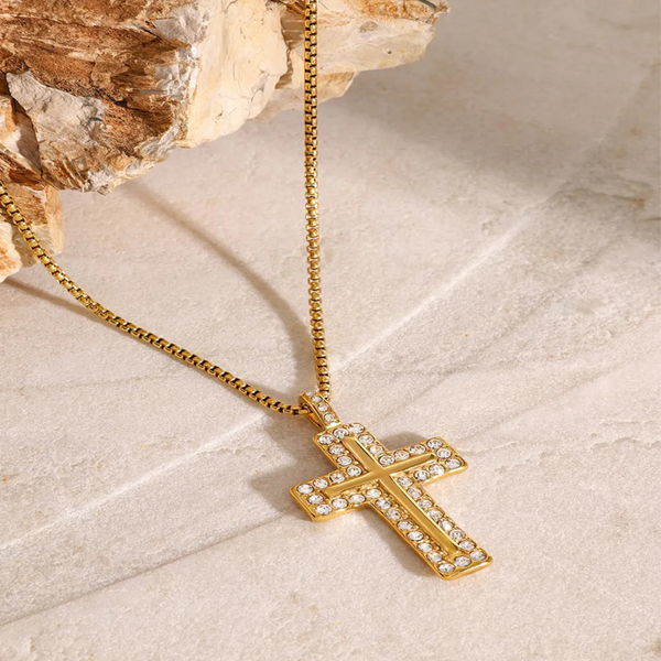 18K Gold Plated Inlaid Zircon Cross Necklace Necklaces & Pendants