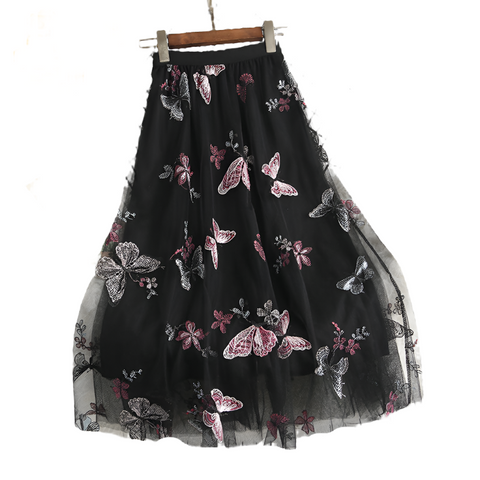 Embroidered Floral Butterfly Gauze Skirt High Waist White Apricot Black Women's Clothing Skirts
