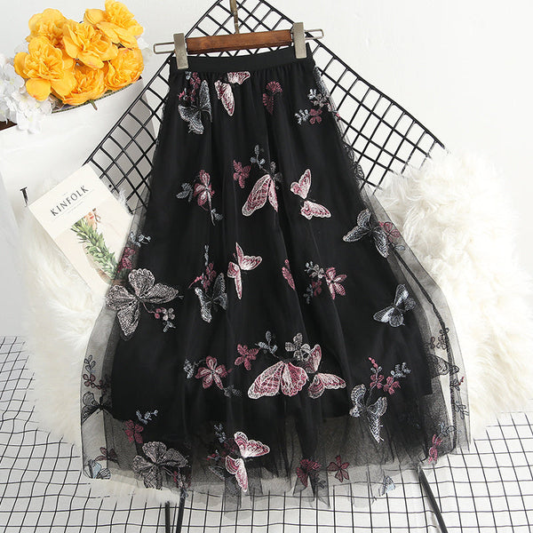 Embroidered Floral Butterfly Gauze Skirt High Waist White Apricot Black Women's Clothing Skirts