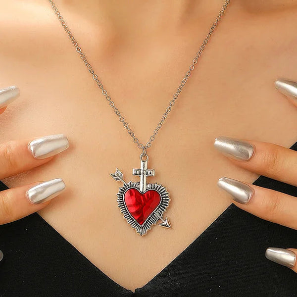 New Heart And Sword Necklace Punk Vintage Red Crystal Couple Necklaces For Women Men Boyfriend Girlfriend Gifts Necklaces & Pendants