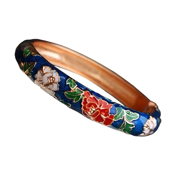Peony Flower Chinese Filigree Traditional Cloisonne Enamel Ethnic Spring Hinged Cuff Bangles For Women Bracelets