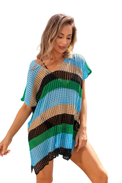 Womens Colour Blocked Loose Bikini Beach Shirt Sun Protection Cover Up Swimwear