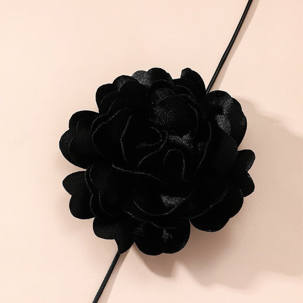 Veile Studios Retro Black Satin Peony Flower Neck Strap Necklace For Evening Fashion Wear Necklaces & Pendants