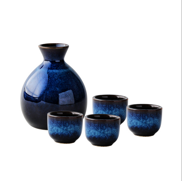 Blue Ceramic Japanese Sake Set Cups & Saucers