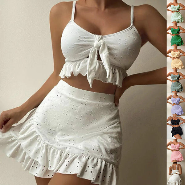 3 Piece Beach Bikini With Hip Hugging Skirt Fashion Ruffle Design Swimsuit Set Women Swimwear