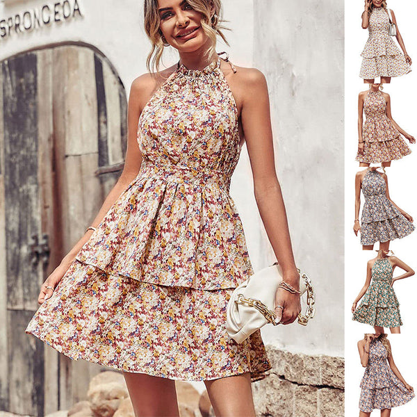 Summer Printed Halter Dress Boho Backless Ruffled A Line Beach For Women Dresses