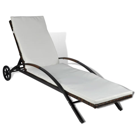Sun Lounger With Cushion & Wheels Poly Rattan Brown