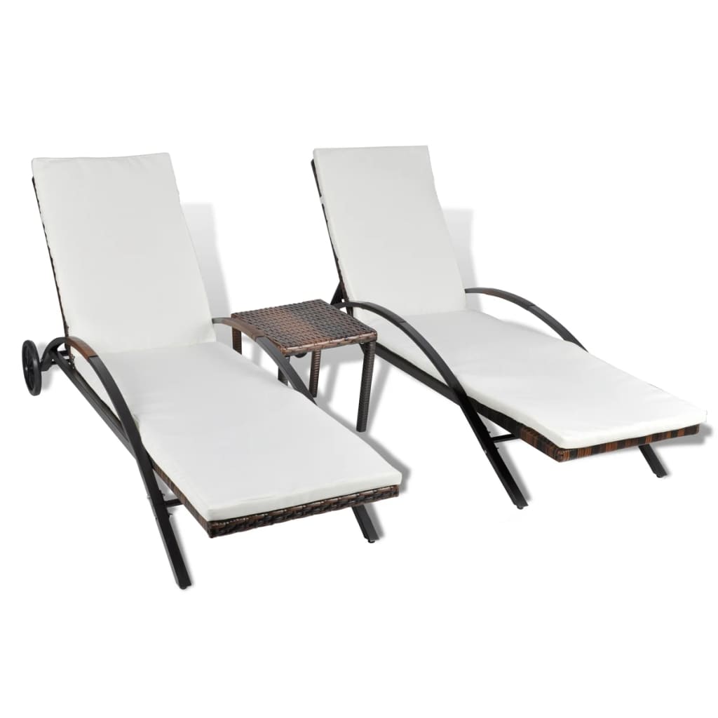 Sun Loungers With Table Poly Rattan Brown