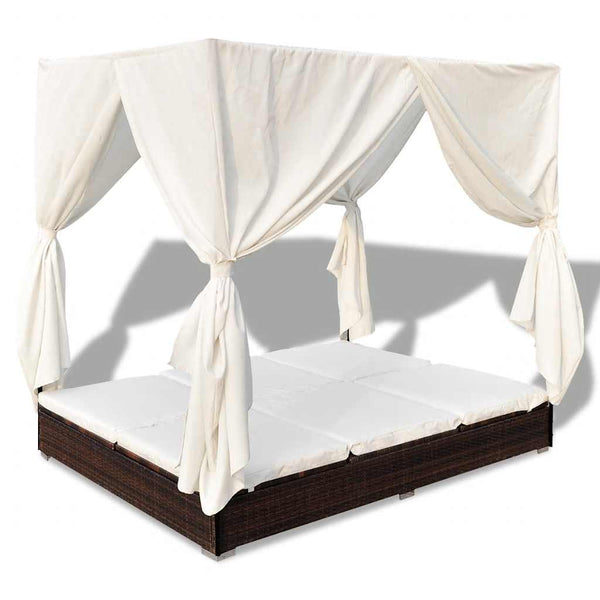Vidaxl Outdoor Lounge Bed With Curtains Poly Rattan Brown Other Patio & Garden Furniture