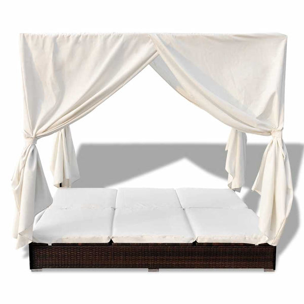 Vidaxl Outdoor Lounge Bed With Curtains Poly Rattan Brown Other Patio & Garden Furniture