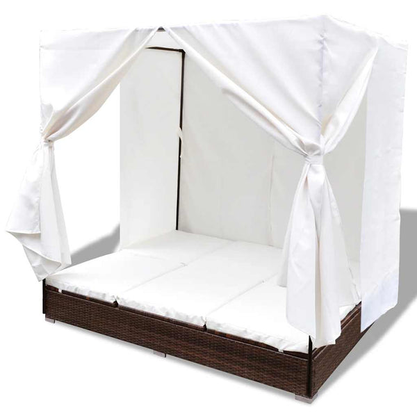 Vidaxl Outdoor Lounge Bed With Curtains Poly Rattan Brown Other Patio & Garden Furniture
