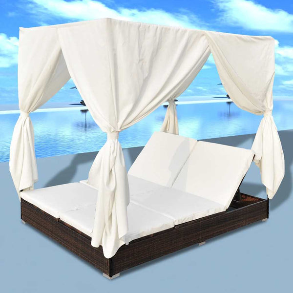 Vidaxl Outdoor Lounge Bed With Curtains Poly Rattan Brown Other Patio & Garden Furniture