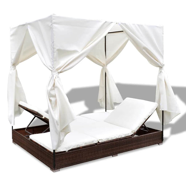 Vidaxl Outdoor Lounge Bed With Curtains Poly Rattan Brown Other Patio & Garden Furniture