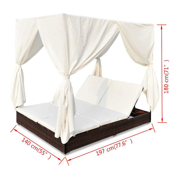 Vidaxl Outdoor Lounge Bed With Curtains Poly Rattan Brown Other Patio & Garden Furniture