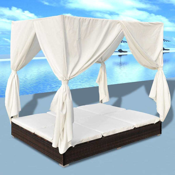 Vidaxl Outdoor Lounge Bed With Curtains Poly Rattan Brown Other Patio & Garden Furniture