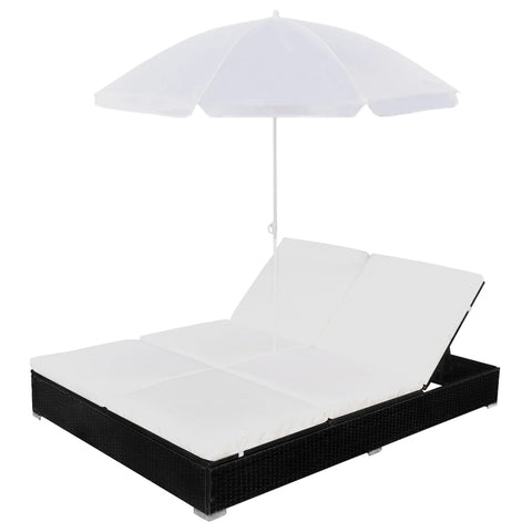 Outdoor Lounge Bed With Umbrella Poly Rattan Black Patio Chairs