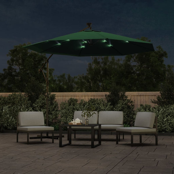 Hanging Parasol With Led Lighting 300 Cm Green Metal Pole Patio Umbrellas