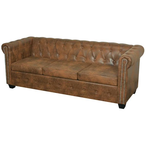 Chesterfield Sofa 3-Seater Artificial Leather Brown