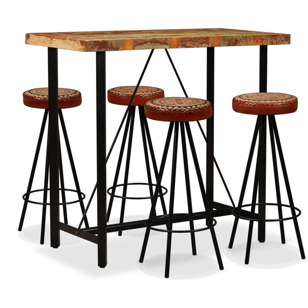 Bar Set 5 Pieces Solid Wood Reclaimed. Genuine Leather & Canvas Benches Bar Stools