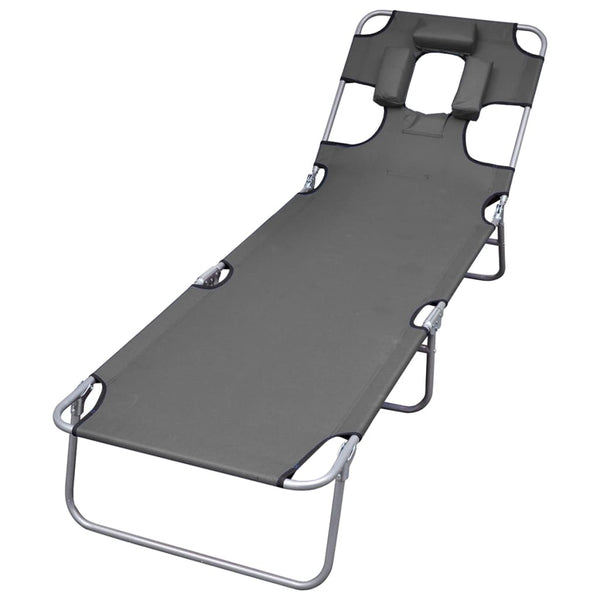 Vidaxl Foldable Sunlounger With Head Cushion Adjustable Backrest Grey Loungers