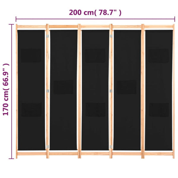 Vidaxl 5 Panel Room Divider Black 200X170x4 Cm Fabric Screens & Room Dividers