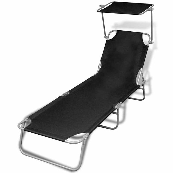 Vidaxl Folding Sun Lounger With Canopy Steel And Fabric Black Loungers