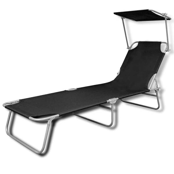 Vidaxl Folding Sun Lounger With Canopy Steel And Fabric Black Loungers