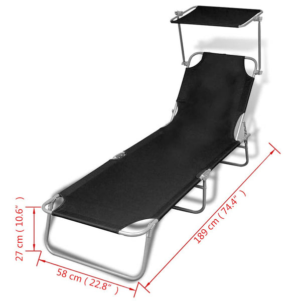 Vidaxl Folding Sun Lounger With Canopy Steel And Fabric Black Loungers