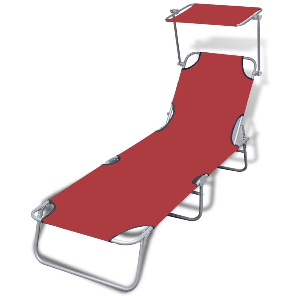 Vidaxl Folding Sun Lounger With Canopy Steel And Fabric Red Loungers