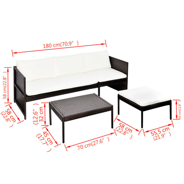 Vidaxl 3 Piece Garden Lounge Set With Cushions Poly Rattan Brown Loungers