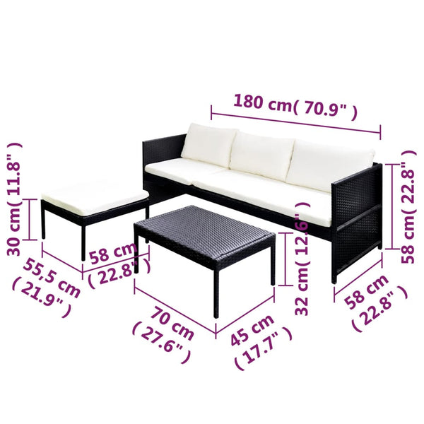 Vidaxl 3 Piece Garden Lounge Set With Cushions Poly Rattan Black Loungers